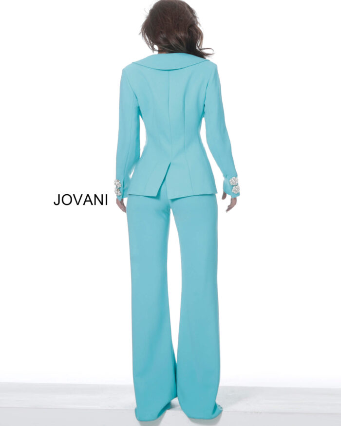 Model wearing Jovani 02637 Turquoise Two Piece Evening Pant Suit
