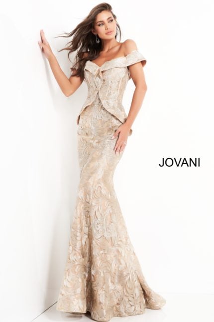 Model wearing Jovani 02762 gold off-the-shoulder mermaid dress front view.