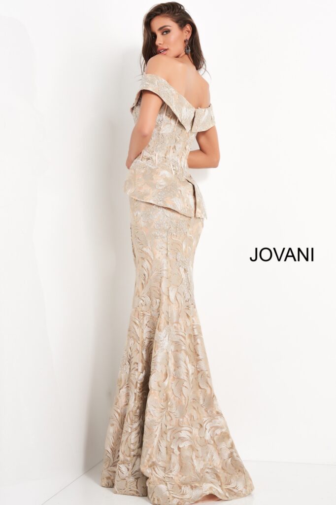 Jovani 02762 Gold Embellished Off the Shoulder Mother of the Bride Dress