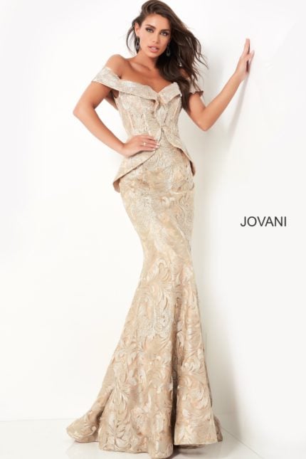 Model wearing Jovani 02762 gold off-the-shoulder mermaid dress front view.