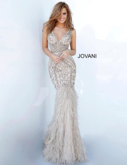 model wearing Jovani 02798 silver mermaid gown with V-neckline and feathered skirt