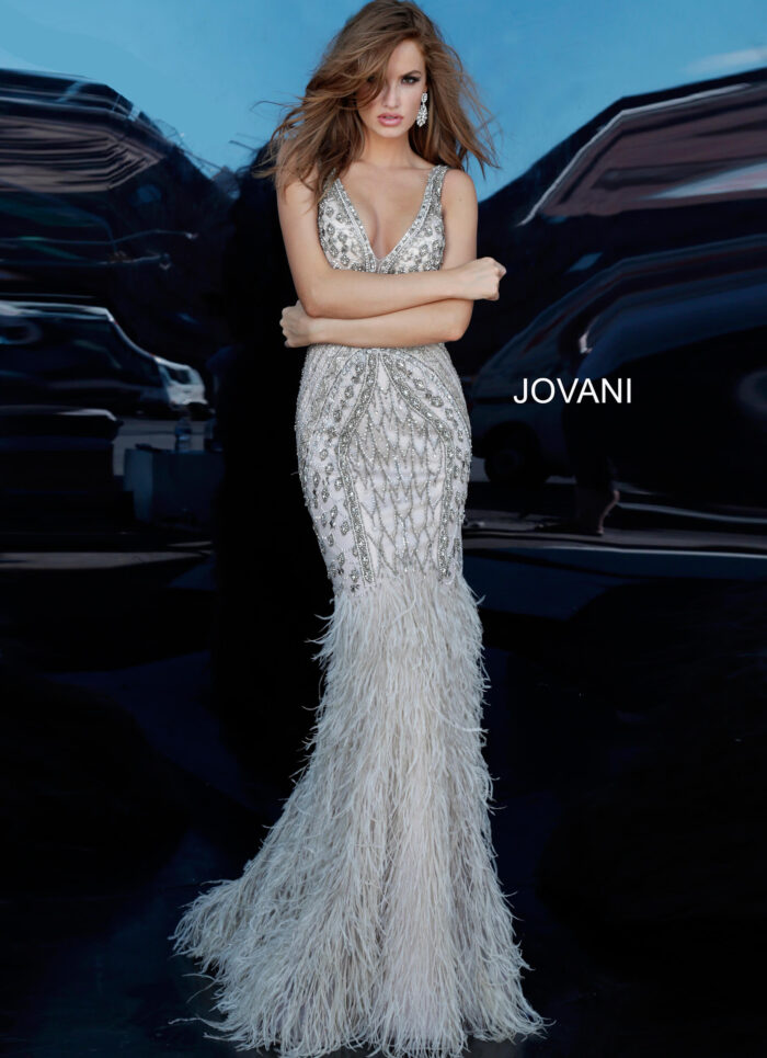 Model wearing Jovani 02798 Feather Bottom Embellished Evening Dress