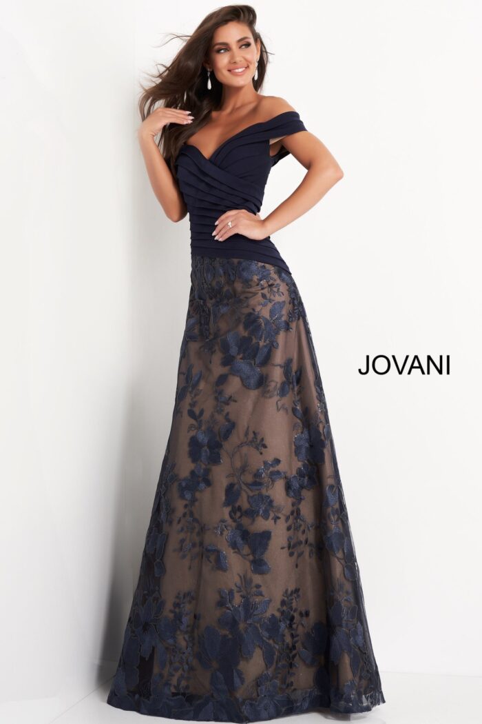Model wearing Jovani 02852 Navy Pleated Bodice A Line Mother of the Bride Dress