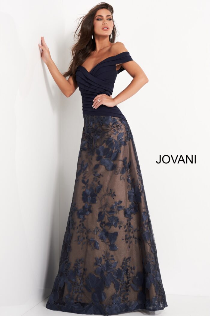 Model wearing Jovani 02852 Navy Pleated Bodice A Line Mother of the Bride Dress