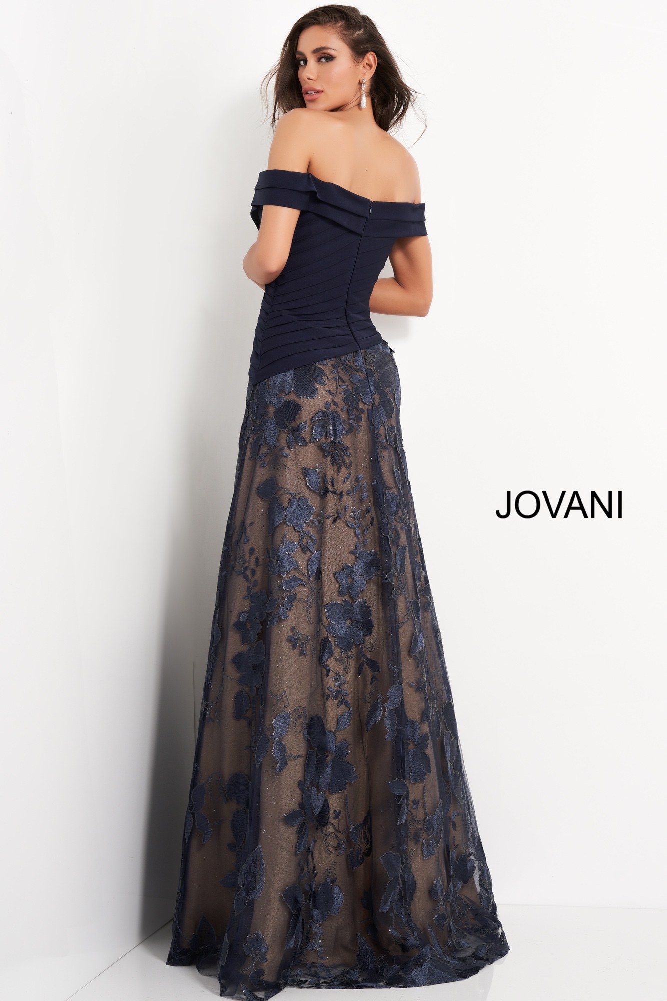 Jovani 02852 Navy Pleated Bodice A Line Mother of the Bride Dress