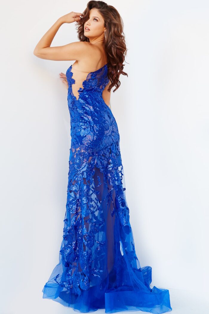 Model wearing Jovani 02895 Blue One Shoulder Embellished Gown