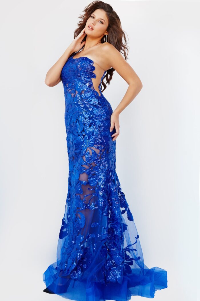 Model wearing Jovani 02895 Blue One Shoulder Embellished Gown