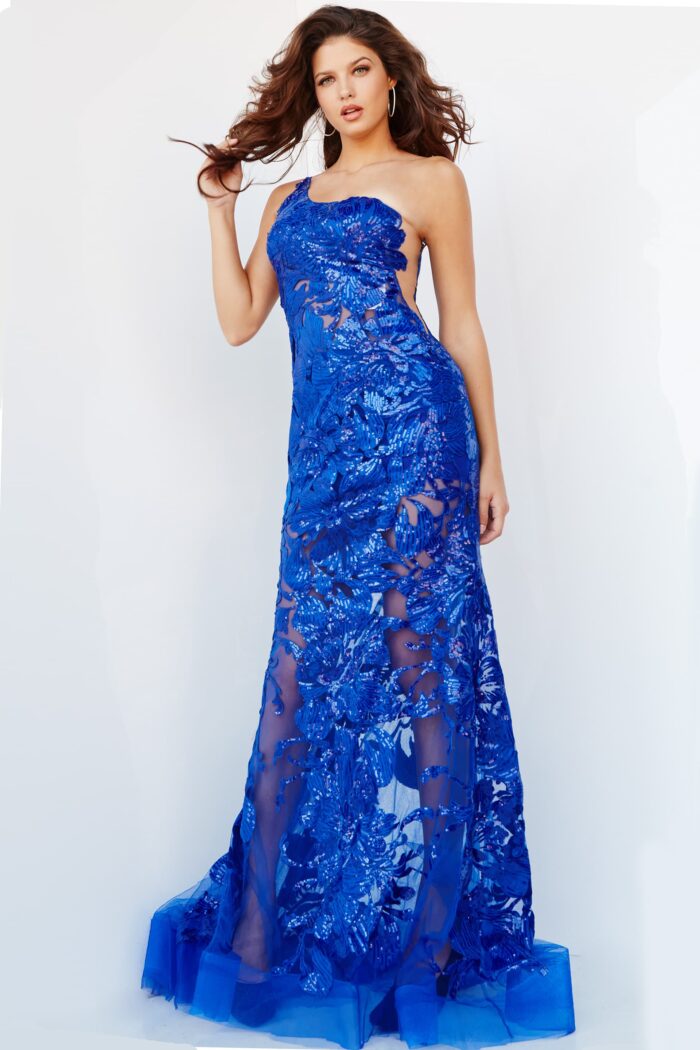 Model wearing Jovani 02895 Royal Blue One Shoulder Embellished Gown
