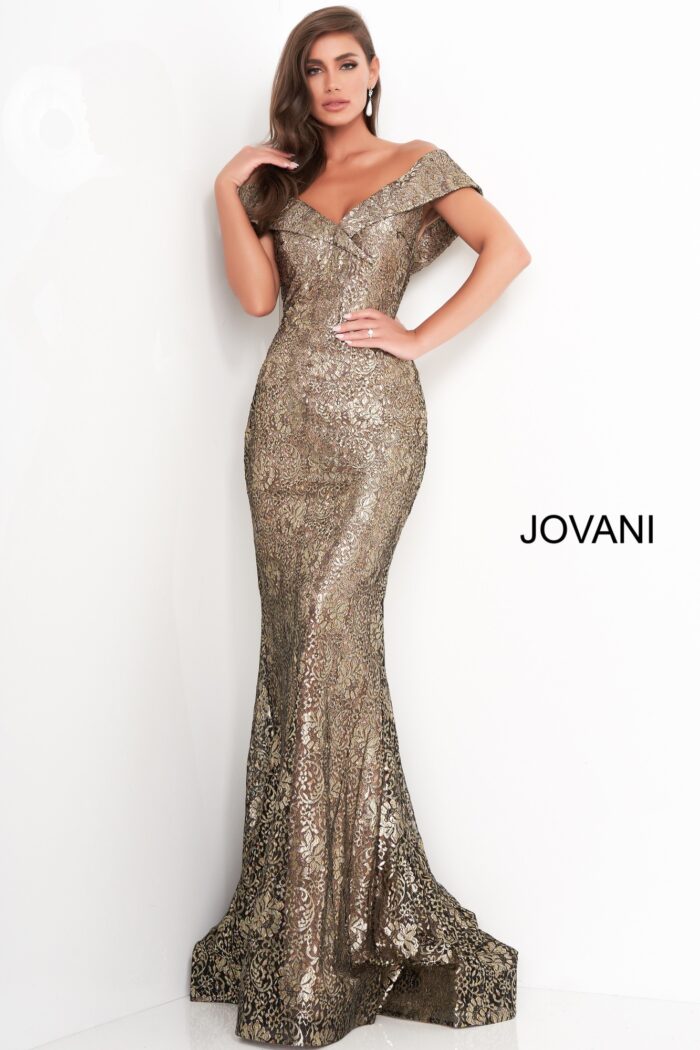 Model wearing Jovani 02920 Black Gold Fitted V neck Evening Dress