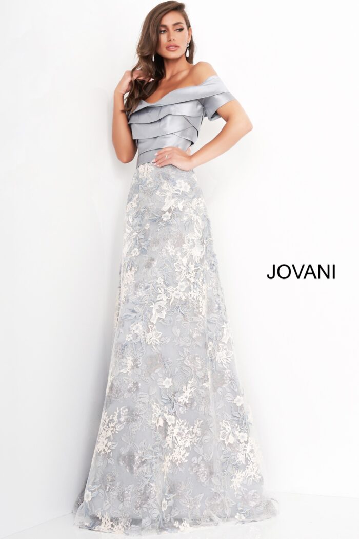 Model wearing Jovani 02921 Grey Multi A Line Short Sleeve Mother of the Bride Dress