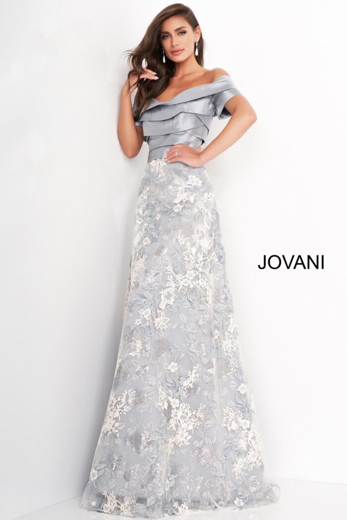 Model wearing Jovani 02921 Grey Multi A Line Short Sleeve Mother of the Bride Dress