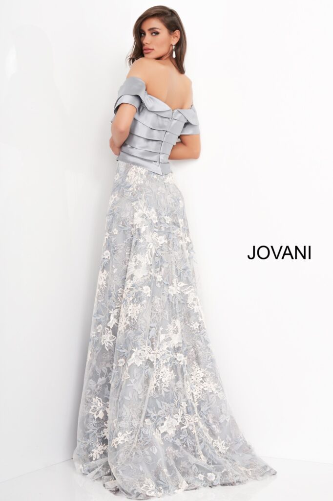 Jovani 02921 Grey Multi A Line Short Sleeve Mother of the Bride Dress