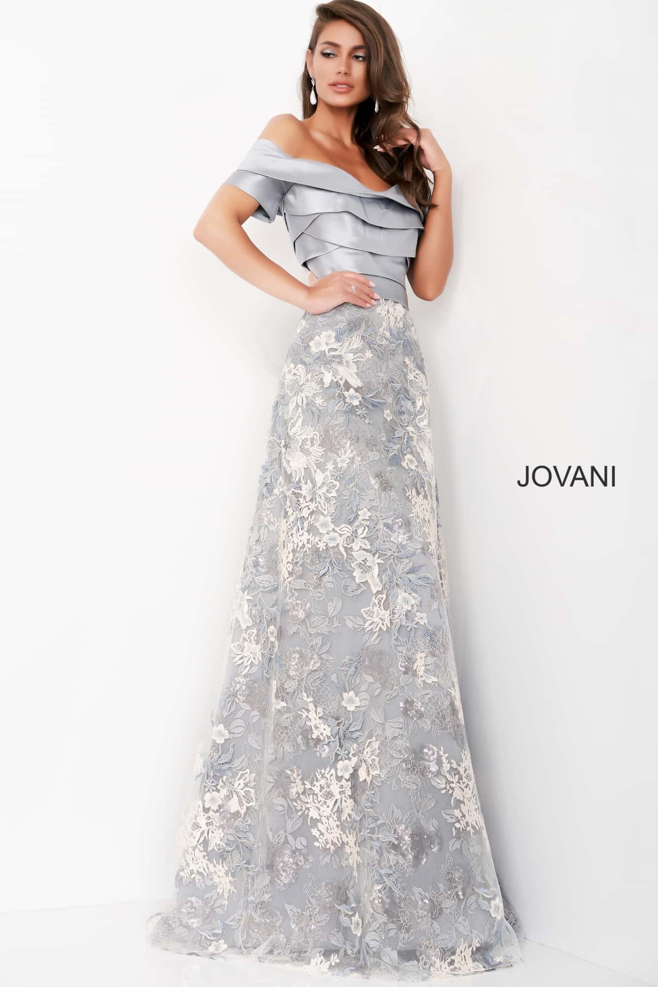 Jovani 02921 Grey Multi A Line Short Sleeve Mother of the Bride Dress