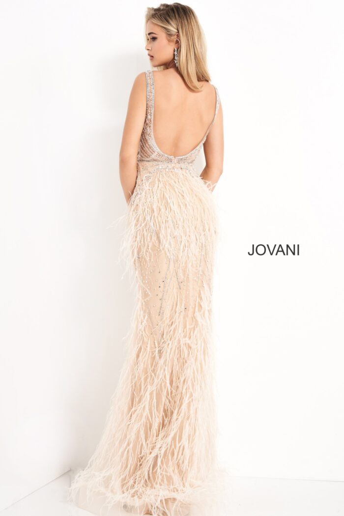 Model wearing Jovani 03023 Sheer Embellished Bodice Feather Dress