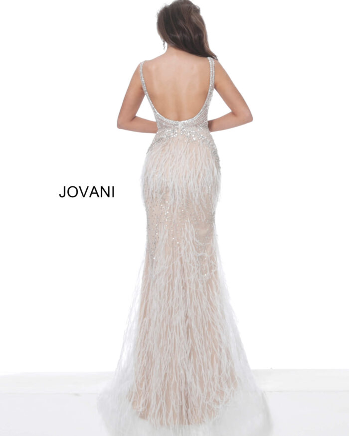 Model wearing Jovani 03023 Sheer Embellished Bodice Feather Dress