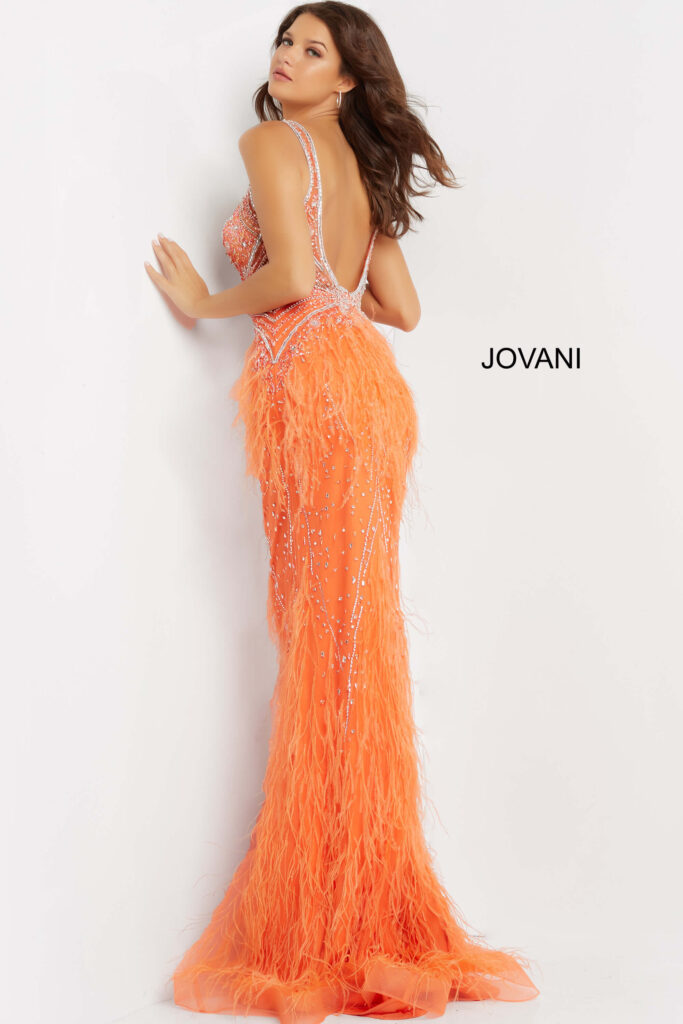 Jovani 03023 Sheer Embellished Bodice Feather Dress