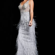 Grey Silver Feather Embellished Dress 03023 Jovani