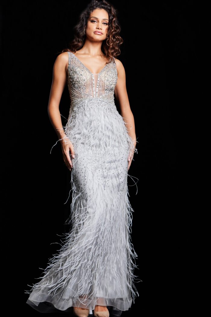 Model wearing Grey Silver Feather Embellished Dress 03023