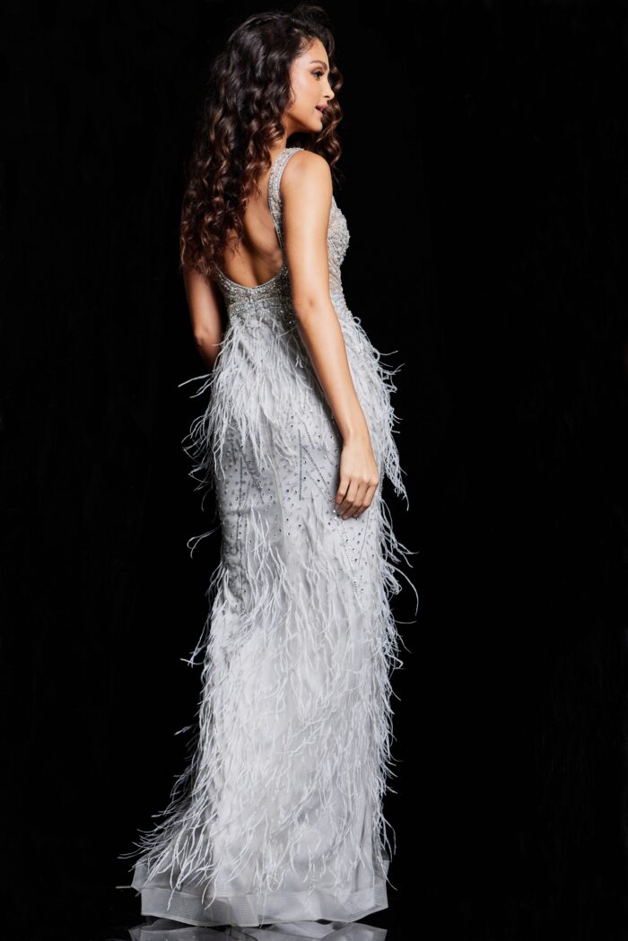 Model wearing Grey Silver Feather Embellished Dress 03023
