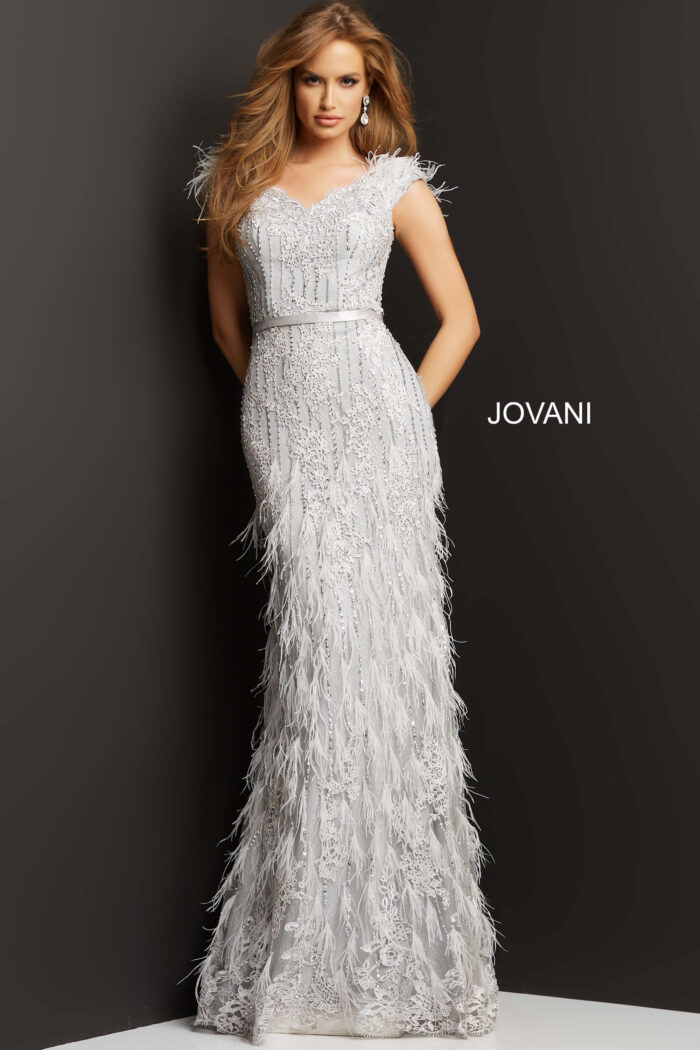 Model wearing Jovani 03108 Silver Feather Embellished Dress