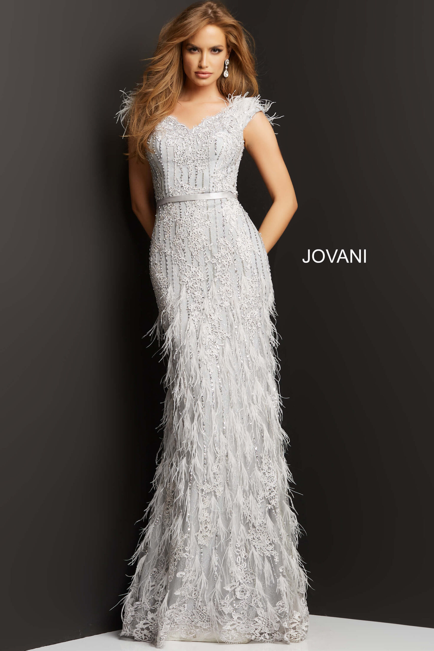 Jovani 03108 Silver Feather Embellished Dress