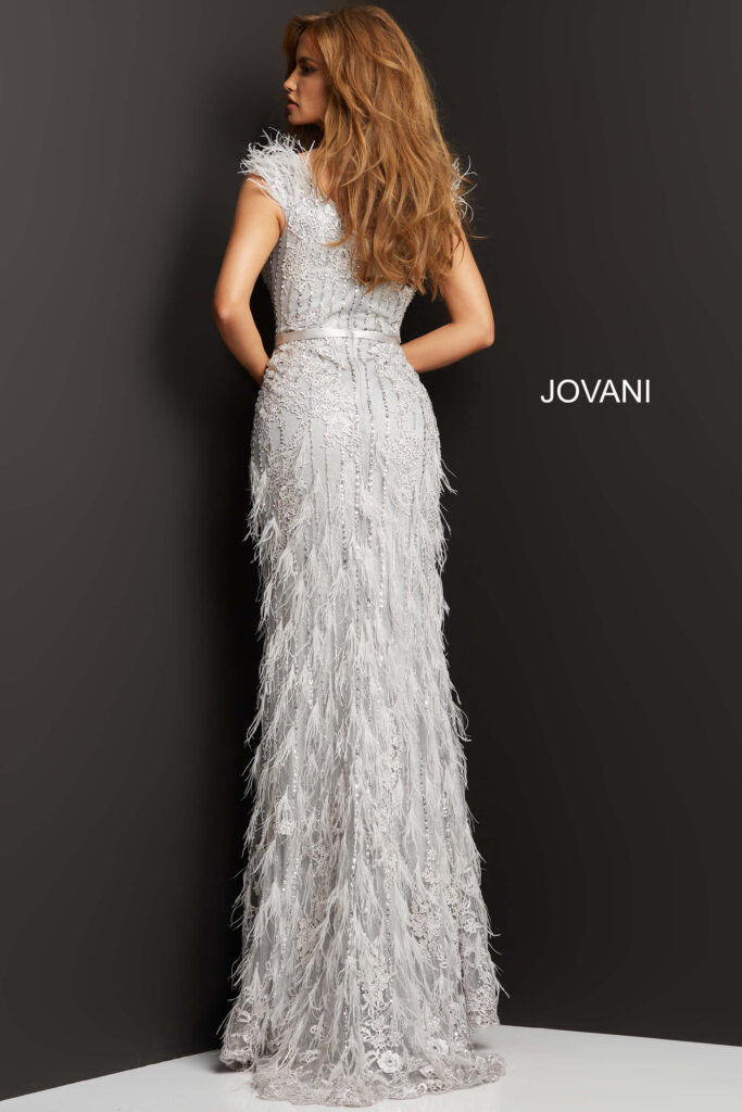 Jovani 03108 Silver Feather Embellished Dress