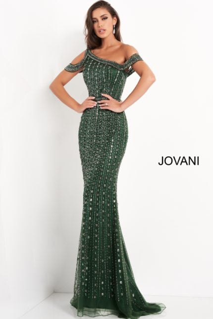 Close-up of front view of model wearing Jovani 03124 showcasing the beadwork and cap sleeves.