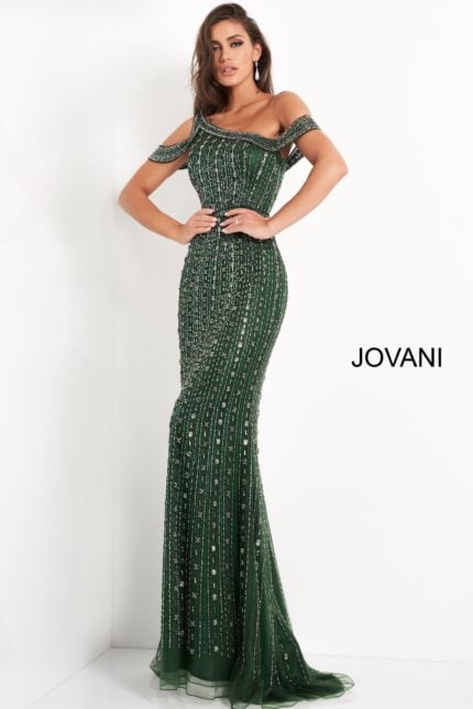 Front view of model in Jovani 03124 featuring a fitted silhouette and elegant bead detailing.