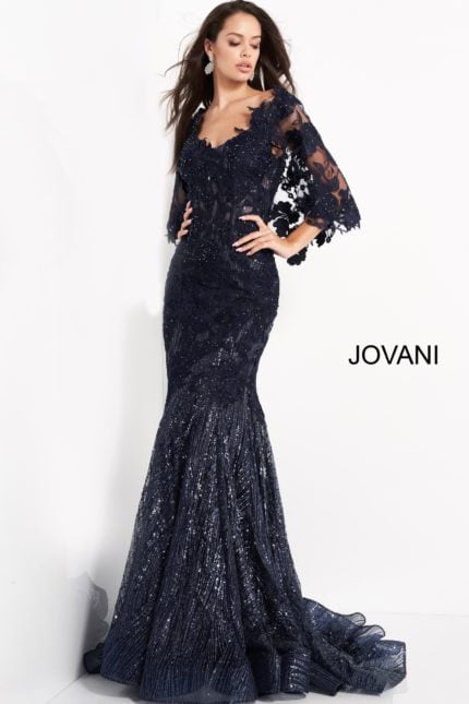 Model wearing Jovani 03158 navy dress with sequin details and cape sleeves from the front.