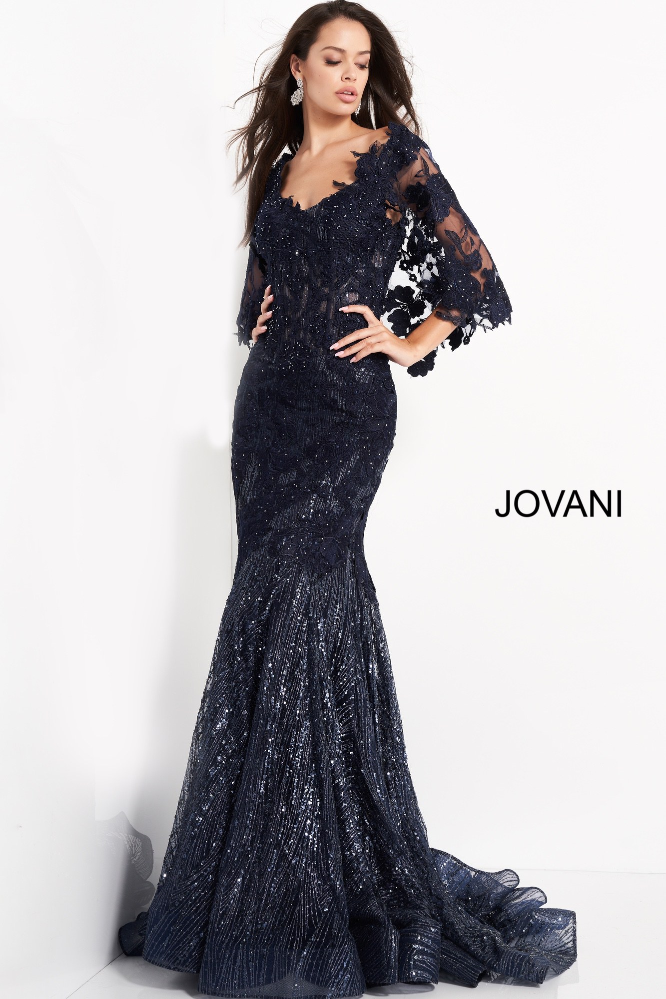 Jovani 03158 Navy Cape Sleeve Lace Mother of the Bride Dress
