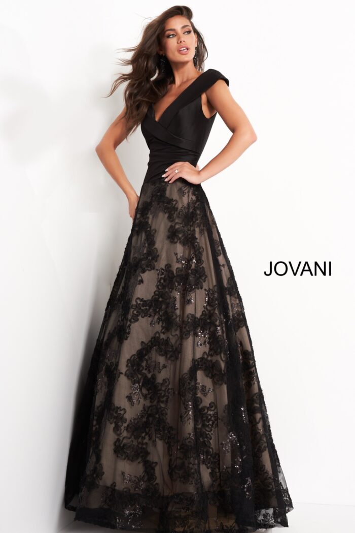 Model wearing Jovani 03330 Black A Line V Neck Evening Gown