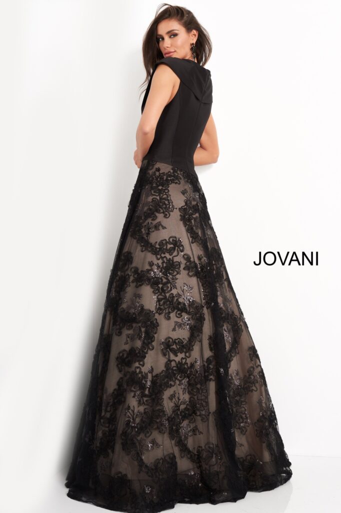 Jovani 03330 Black A Line V Neck Evening Gown