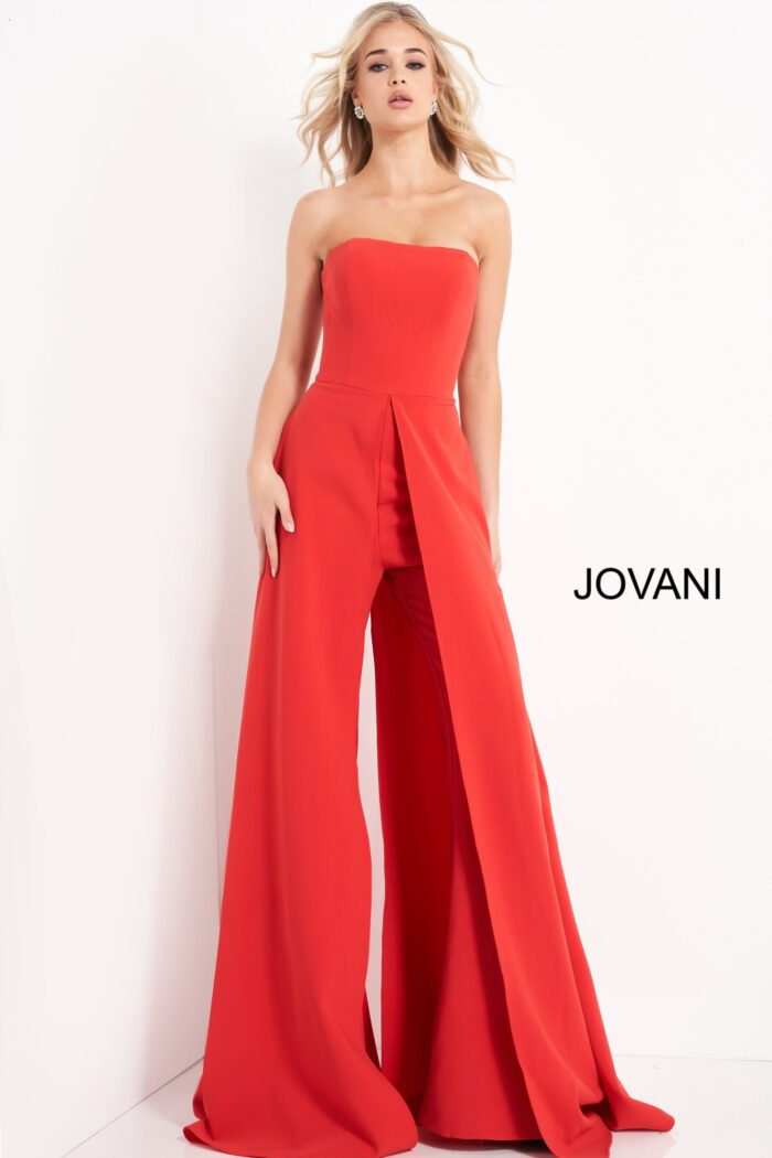 Model wearing Jovani 03529 Red Strapless Wide Leg Jumpsuit