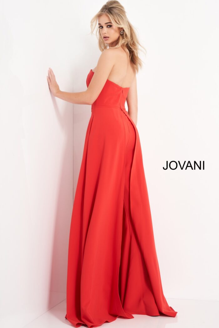 Model wearing Jovani 03529 Red Strapless Wide Leg Jumpsuit