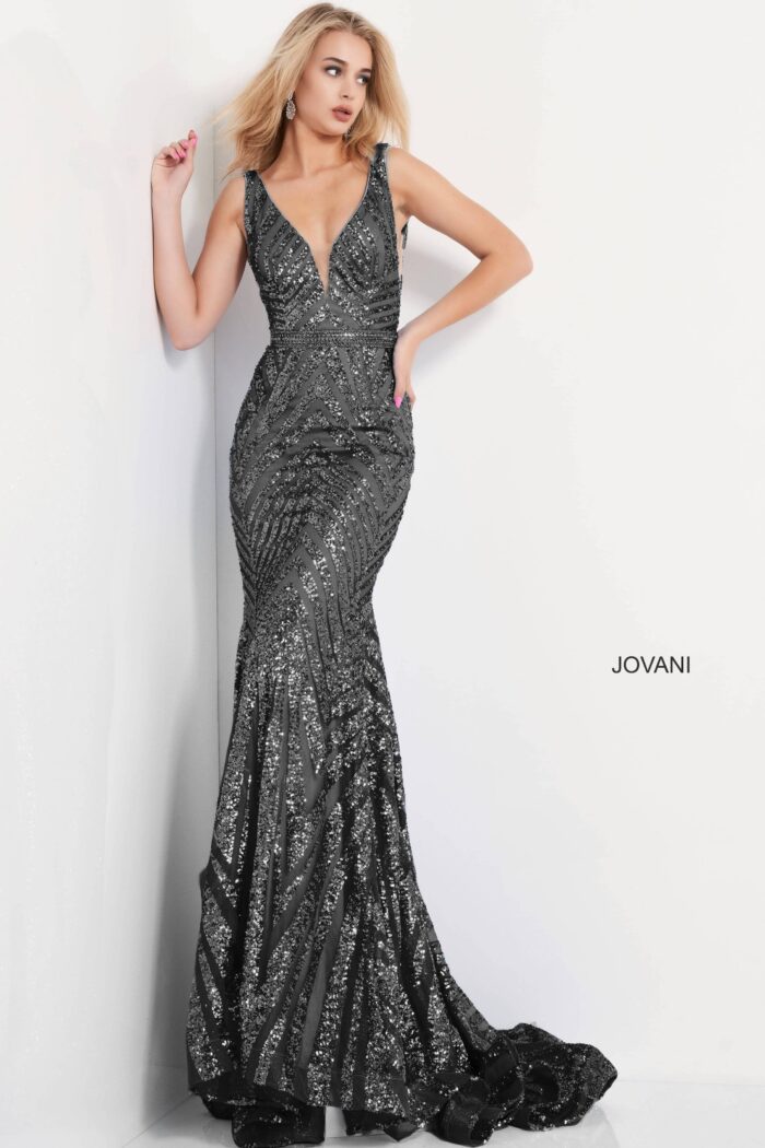 Model wearing Jovani 03570 Light Blue Plunging Neck Sleeveless Prom Dress