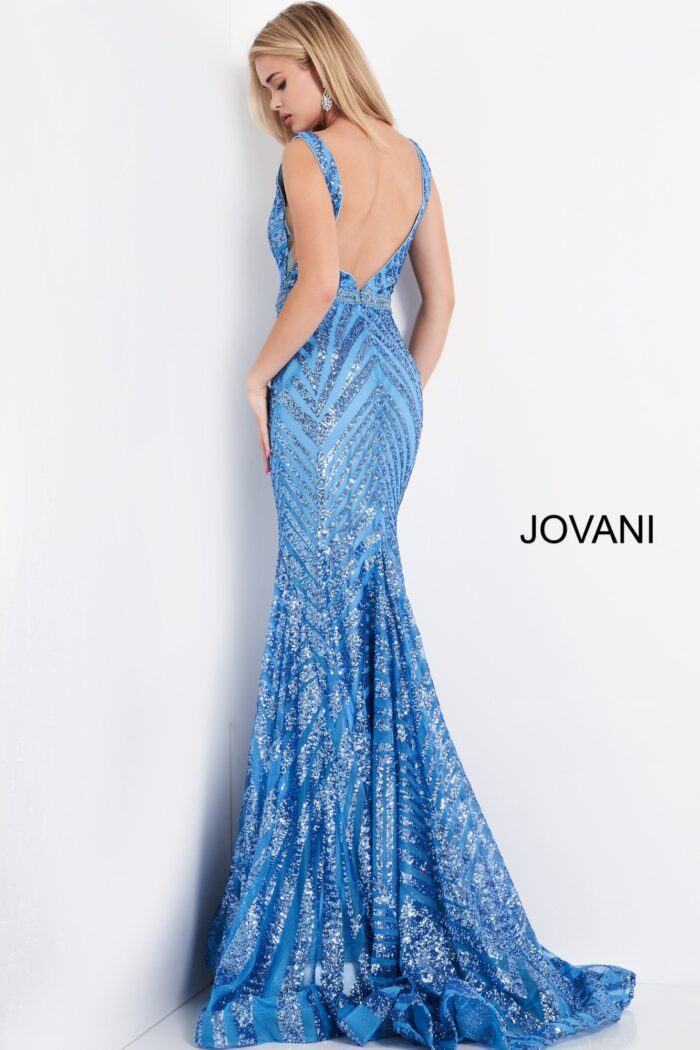 Model wearing Jovani 03570 Light Blue Plunging Neck Sleeveless Prom Dress