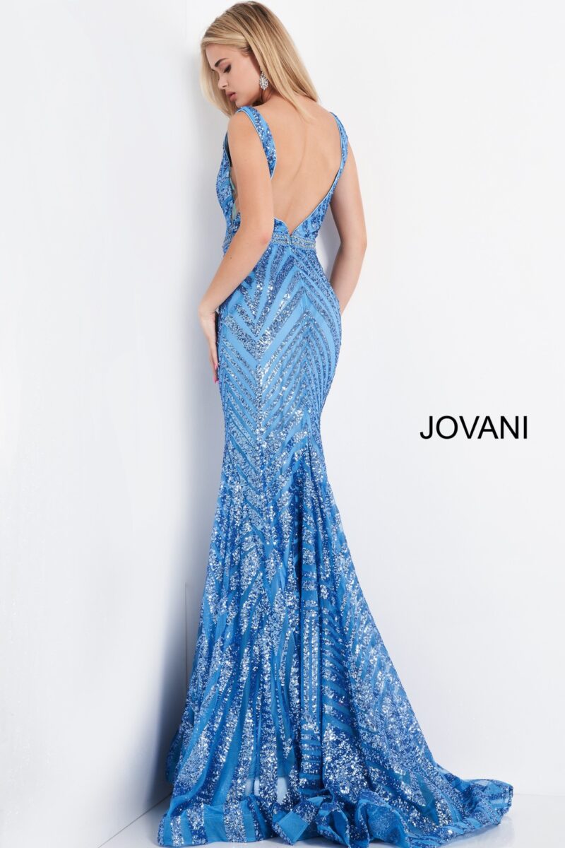 Jovani 03570 Light Blue Plunging Neck Sleeveless Prom Dress - Jovani