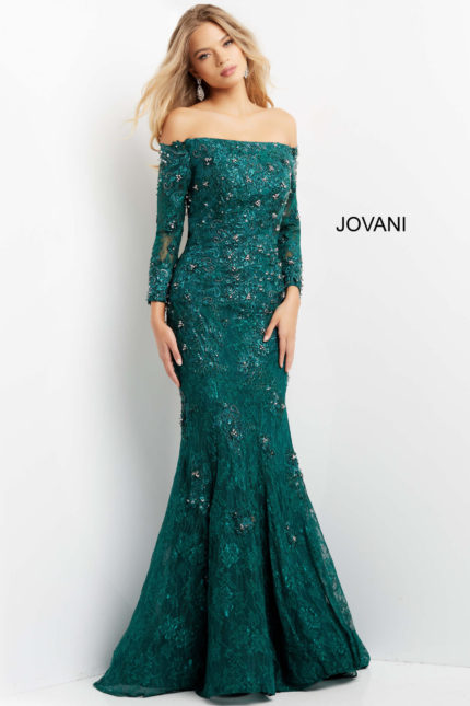 Model wearing Jovani 03651 emerald gown front view with off-the-shoulder neckline and embellished lace details.