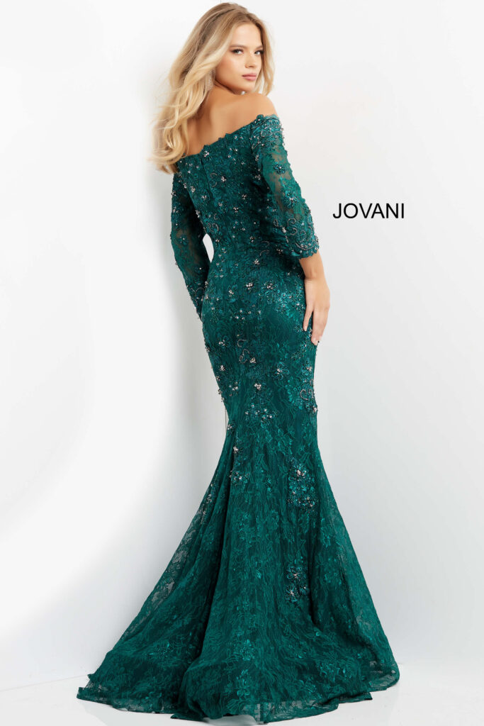 Jovani 03651 Emerald Three Quarter Sleeve Embellished Dress