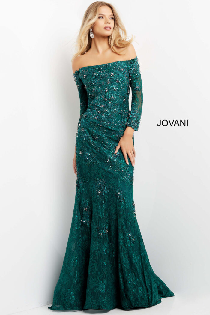 Model wearing Jovani 03651 Emerald Three Quarter Sleeve Embellished Dress