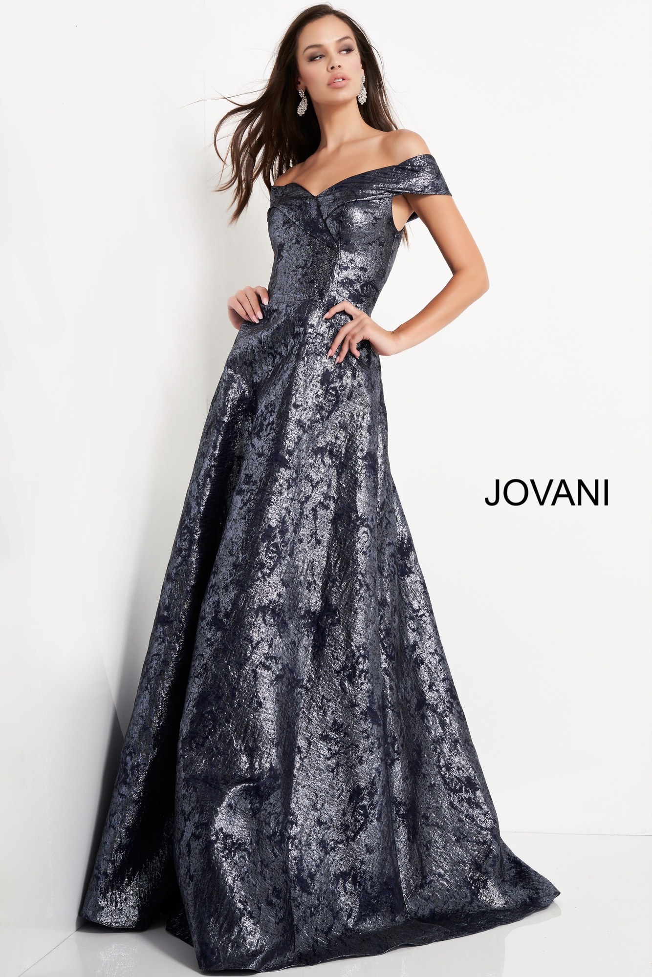 Jovani 03674 Navy Metallic Off the Shoulder Evening Dress