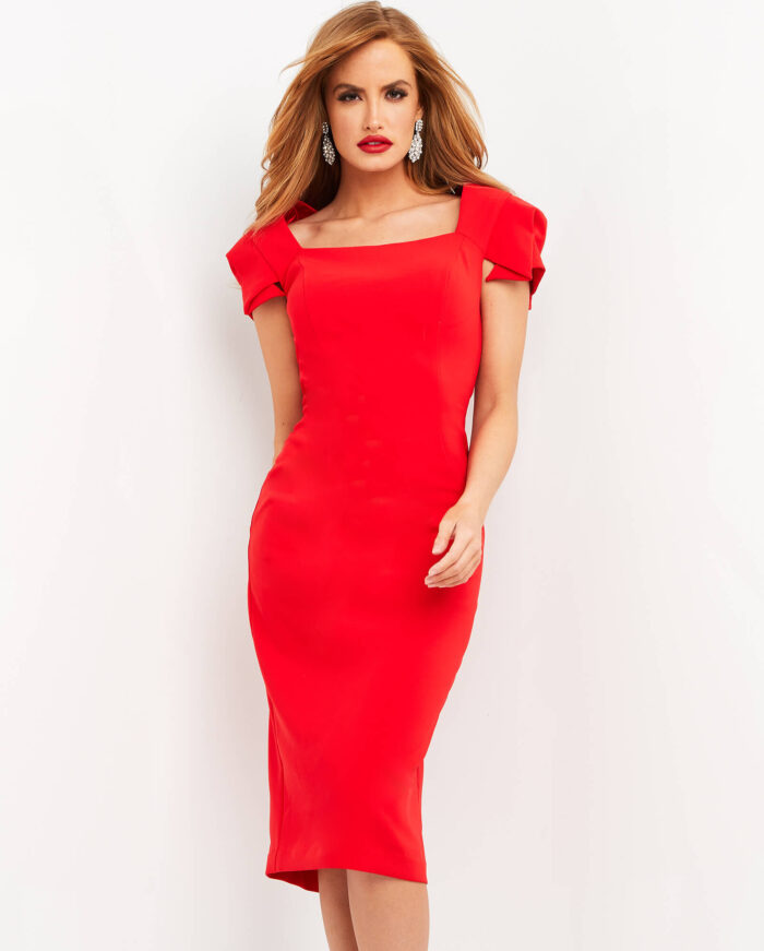 Model wearing Jovani 03808 Red Knee Length Evening Dress
