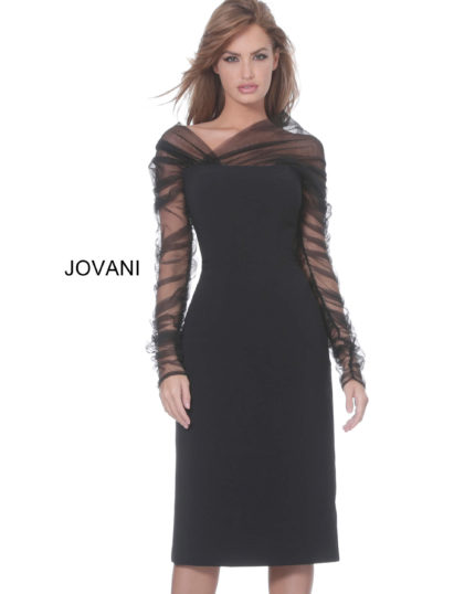 Model wearing Jovani 03810 black midi dress with sheer long sleeves and off-the-shoulder neckline.