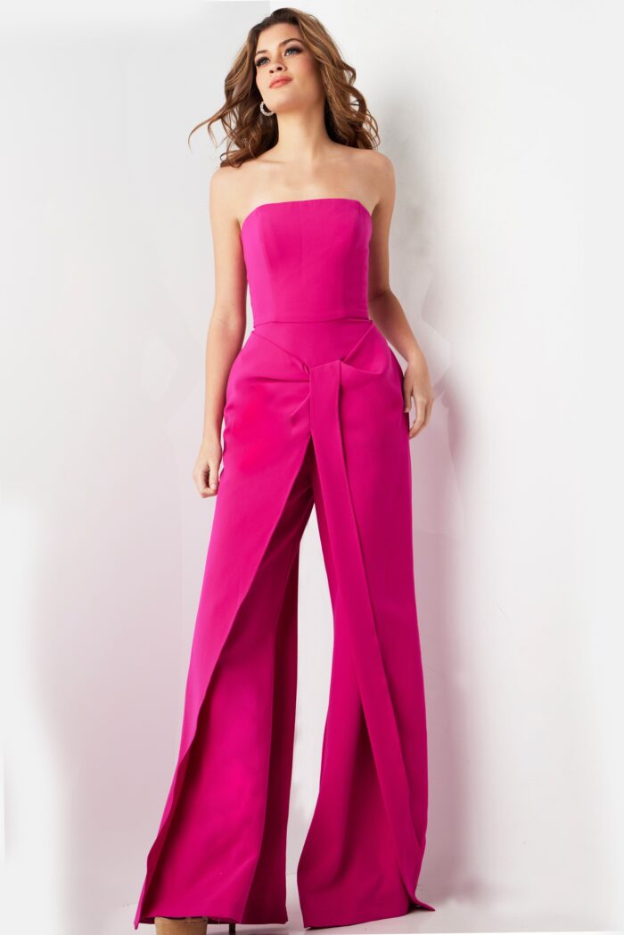 Model wearing Fuchsia Strapless Contemporary Jumpsuit 03828