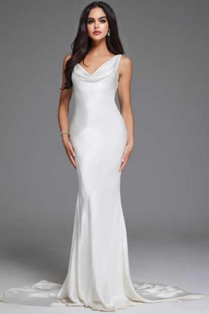 Model wearing Jovani JB03910 white dress with mermaid silhouette and cowl neckline, front view.