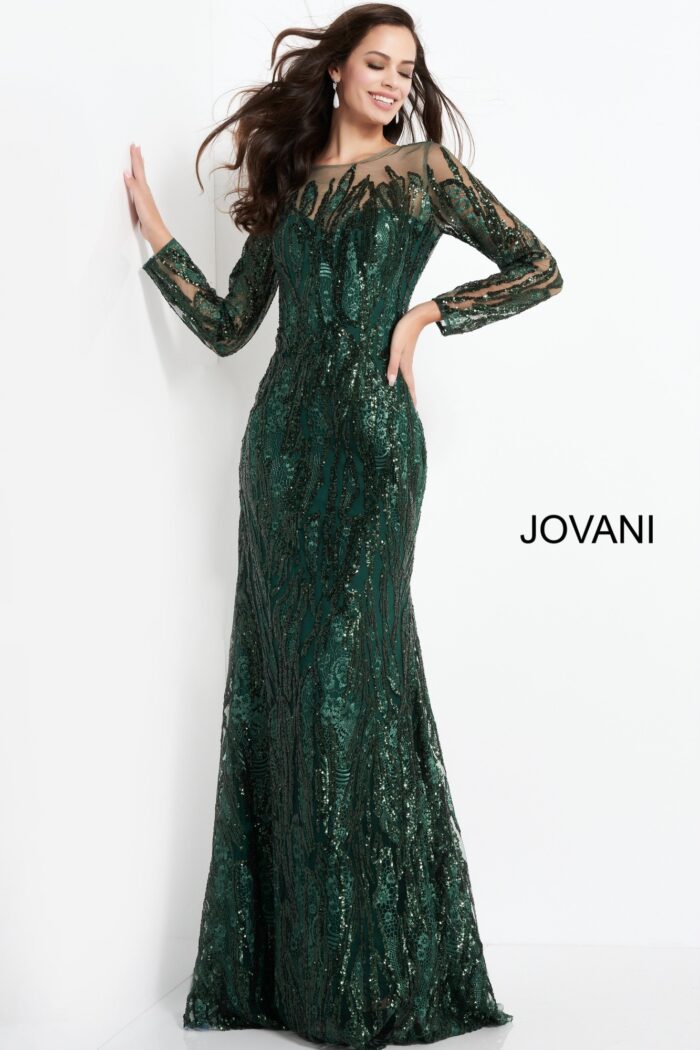 Model wearing Jovani 03936 Dark Green Sheer Neck Embellished Mother of the Bride Dress