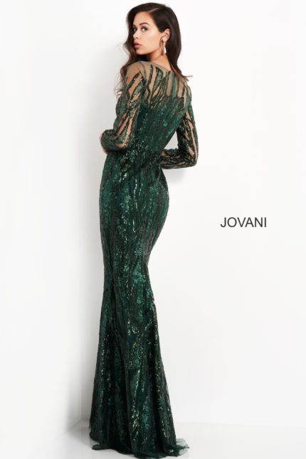 Back view of model in Jovani 03936 green gown with beaded design.