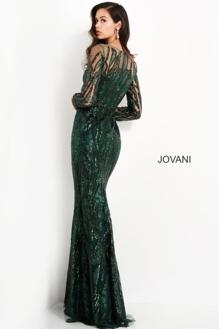 Model wearing Jovani 03936 Dark Green Sheer Neck Embellished Mother of the Bride Dress