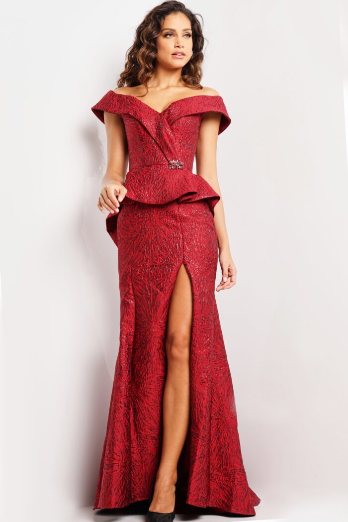 Model wearing Jovani 03944 Red Off the Shoulder High Slit Mother of the Bride Dress