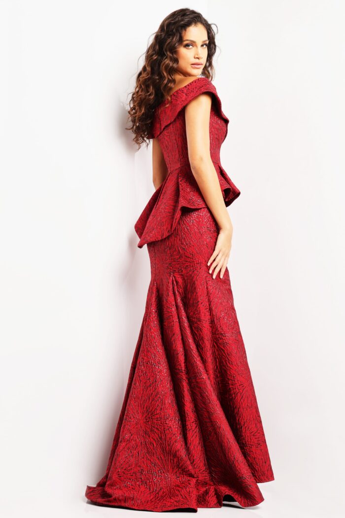 Model wearing Jovani 03944 Red Off the Shoulder High Slit Mother of the Bride Dress